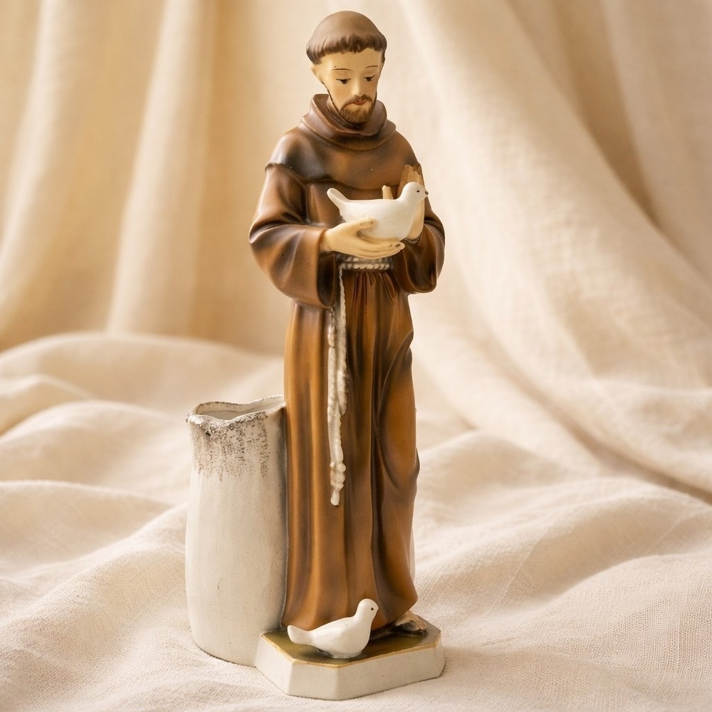 VTG St. Francis Of Assasi With Birds Made In Japan 8" Tall Planter Handpainted
